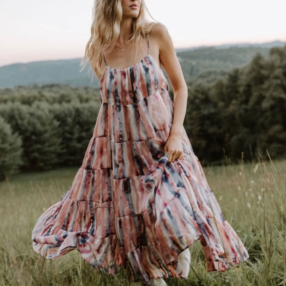 Storia Pink Gold Blue Stripes Flowy Midi Dress - Picture 2 of 4